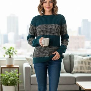 MAX Vintage 1980s Knit Strip Pullover Sweater, Women’s L, Blue Black